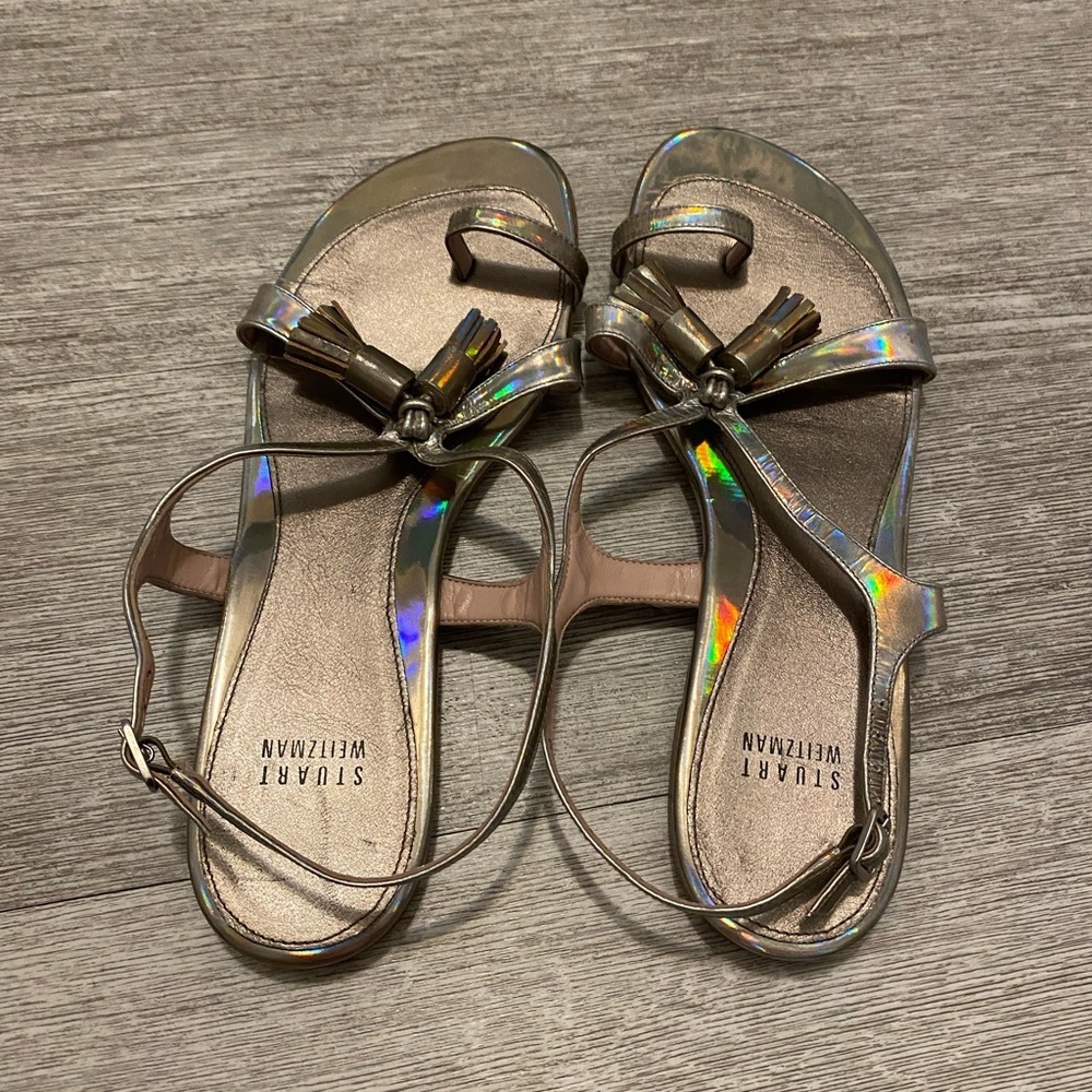 Stuart Weitzman pewter size 8M sandals W toe hold and back strap. Has tassels - Picture 9 of 13